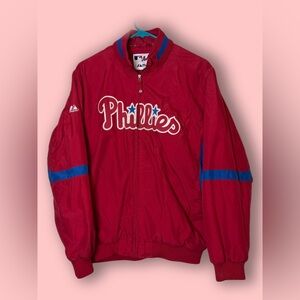 *SOLD* Majestic Phillies Lined Red Jacket with Blue Details